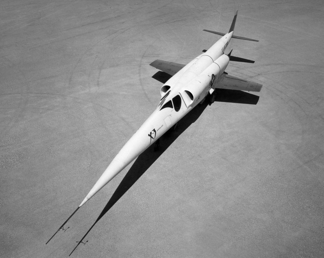 This view of the Douglas X-3 shows its very small wings and tail surfaces. (NASA)