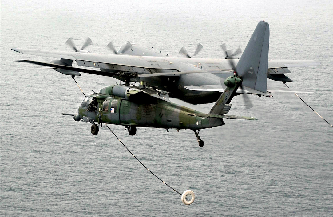 Sikorsky HH-60G Pave Hawk 88-26109, sistership of "Jolly 110", ready for refueling from a C-130. (U.S. Air Force)