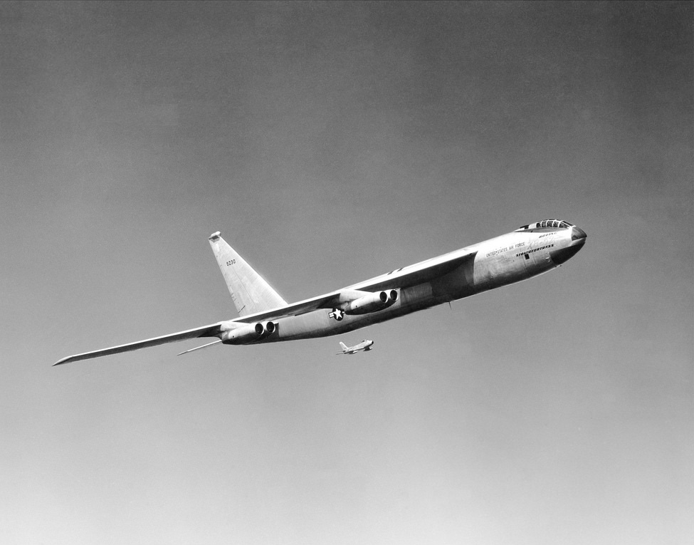 Boeing XB-51 Stratofortress 49-230 with a North American F-86 Sabre chase plane. (U.S. Air Force)