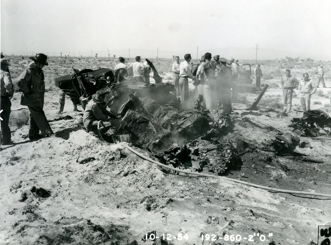 Wreckage of North American Aviation F-100A Super Sabre, 12 October 1954. (U.S. Air Force)