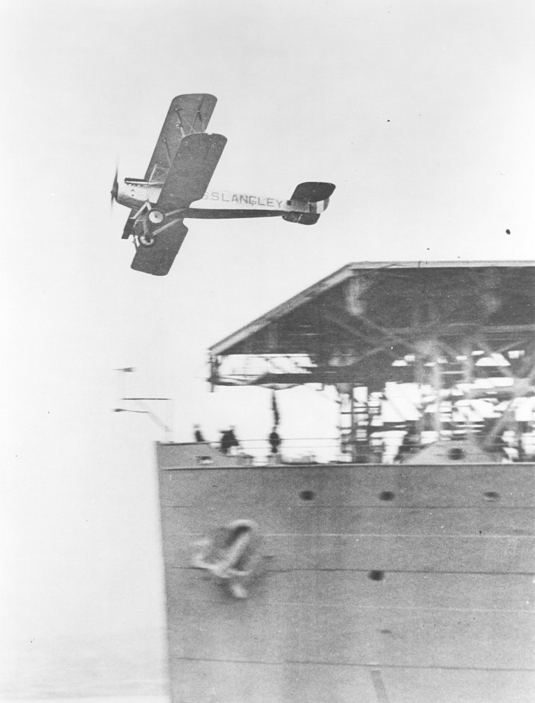 A Vought VE-7SF takes off from USS Langley (CV-1). (National Naval Aviation Museum)