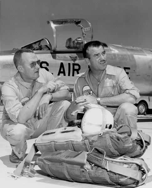 Lockheed Chief Test Pilot Anthony W. LeVier (left) and Test Pilot Herman R. Salmon. An F-104 Starfighter is behind them. (Lockheed)