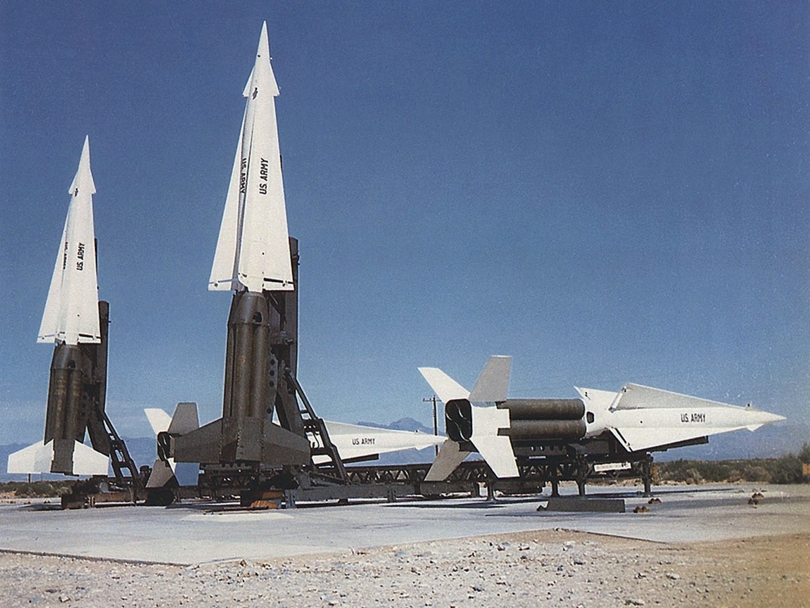 A battery of U.S. Army Nike Hercules SAM-A-25 surface-to-air guided missiles. (U.S. Army)