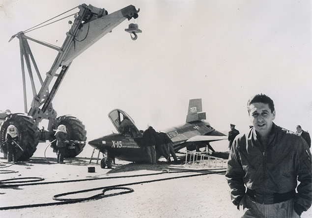 Test pilot A. Scott Crossfield with the damaged X-15 (UPI/Harry Ransom Center