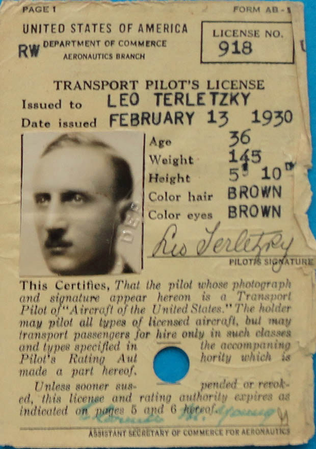Captain Terletzky's Transport Pilot License, issued 13 February 1930.
