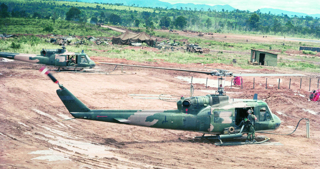 20th Special Operations Squadron UH-1P Hueys refueling at Dak To. (Don Joyce/VHPAP.org)