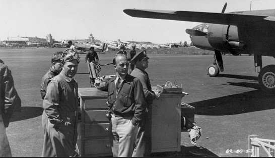 Paul B. Balfour, center, with a North American Aviation B-25 Mitchell medium bomber. (Photograph courtesy of Neil Corbett, Test and Research Pilots, Flight Test Engineers)