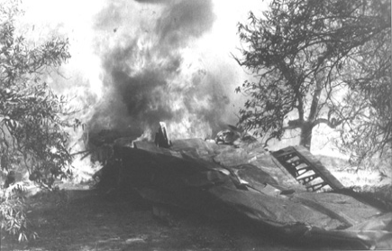 Burning wing of North American VB-25J 44-30955, near Rialto, California, 9 November 1951.