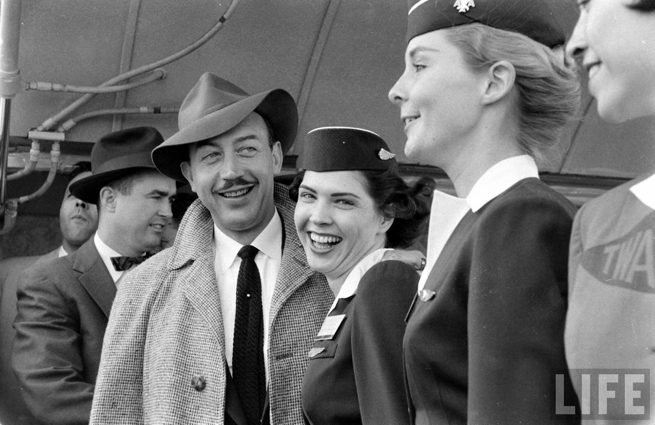 Tex Johnston with flight attendants from Boeing's customers: Pan American World Airways, American Airlines and Trans World Airways. (Leonard Mccombe/LIFE Magazine)