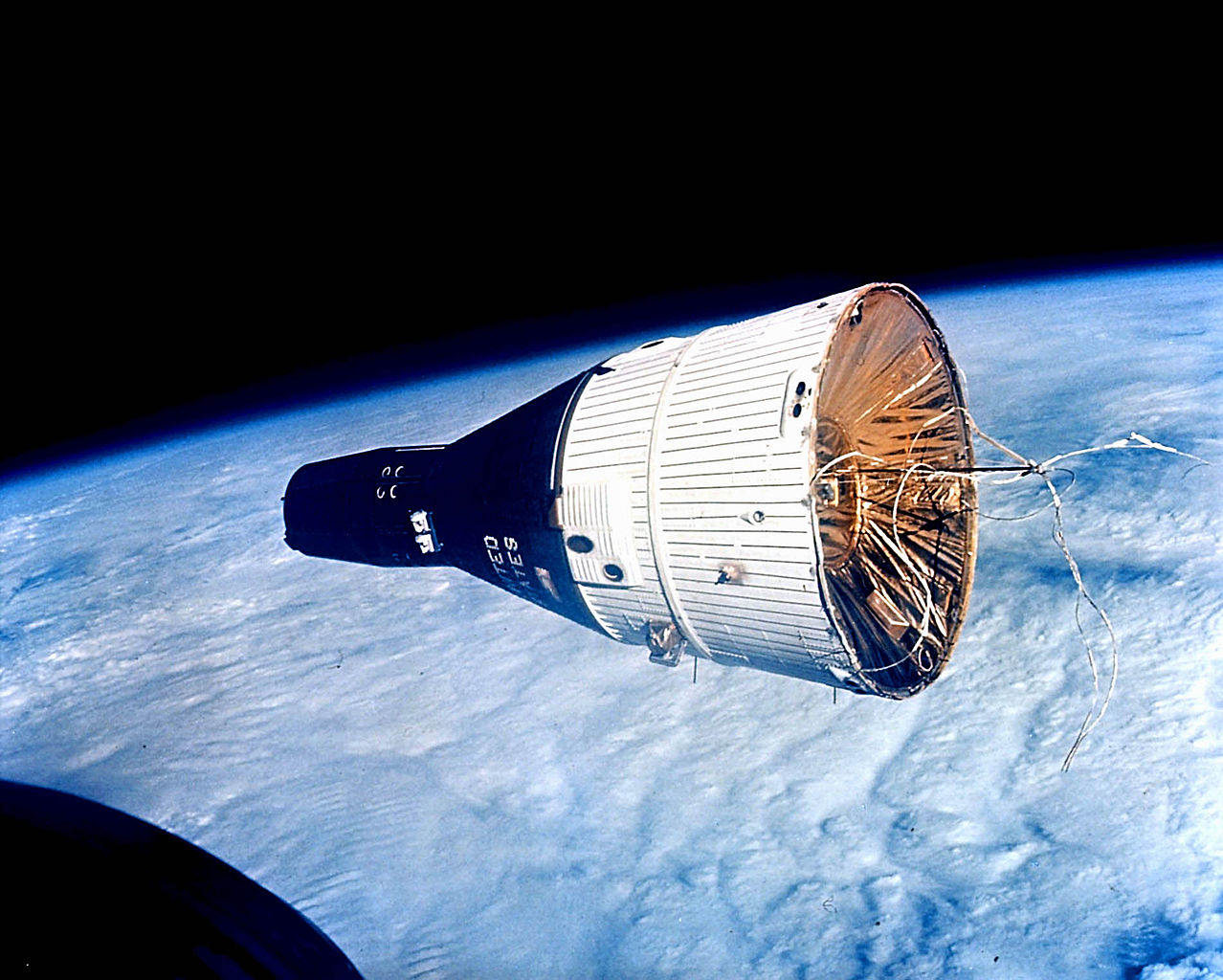 Gemini 7, photographed in Earth orbit from Gemini 6, December 1965. (NASA)