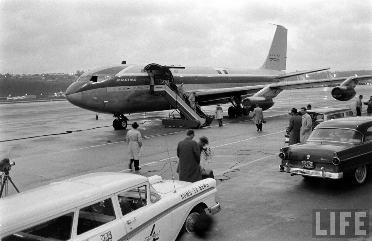 The Boeing 367-80, prototype of the Model 707 airliner, being brepared for taakeoff on teh morning of 11 March 1957, Boeing Field, Seattle, Washington. (Leonard Mccombe/LIFE Magazine)