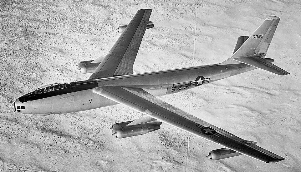 Boeing XB-47 Stratojet 46-065 in flight over a snow-covered landscape. (U.S. Air Force)