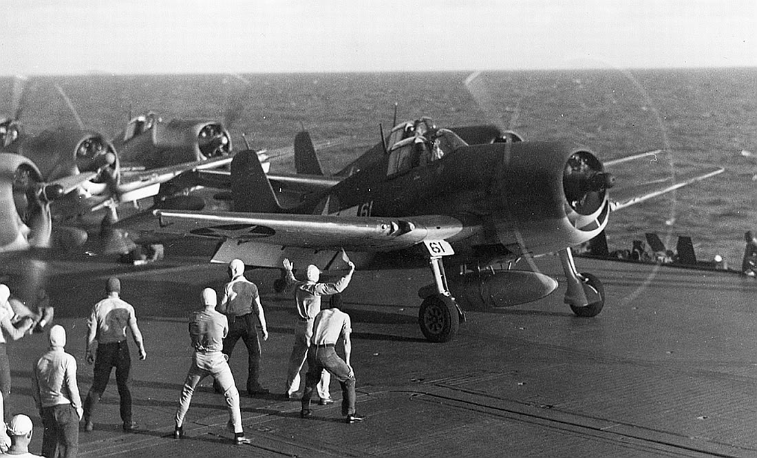 A Gruman F6F-5 Hellcat prepares to take of from an aircraft carrier during World War II. (U.S. Navy)