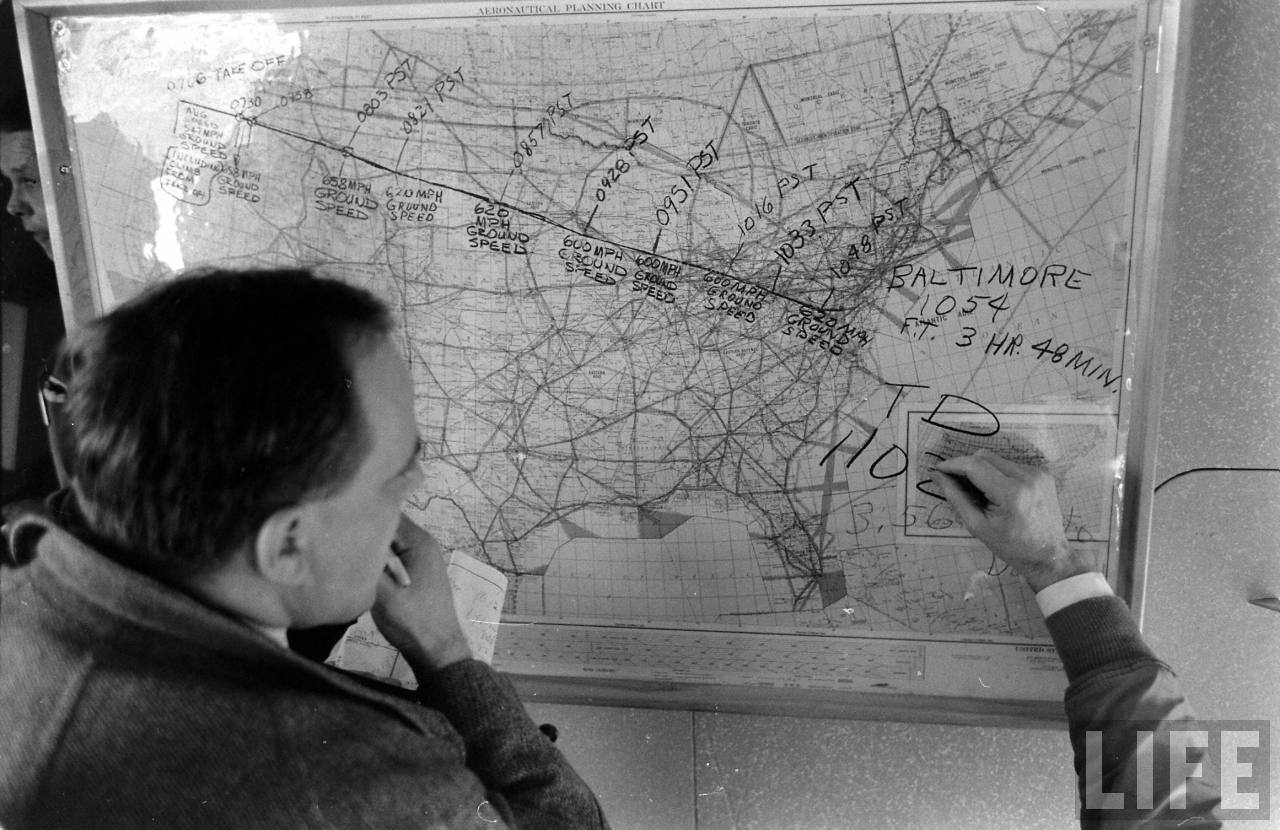 N70700's route of flight, 0706–1102, 11 March 1957. (Leonard Mccombe/LIFE Magazine)