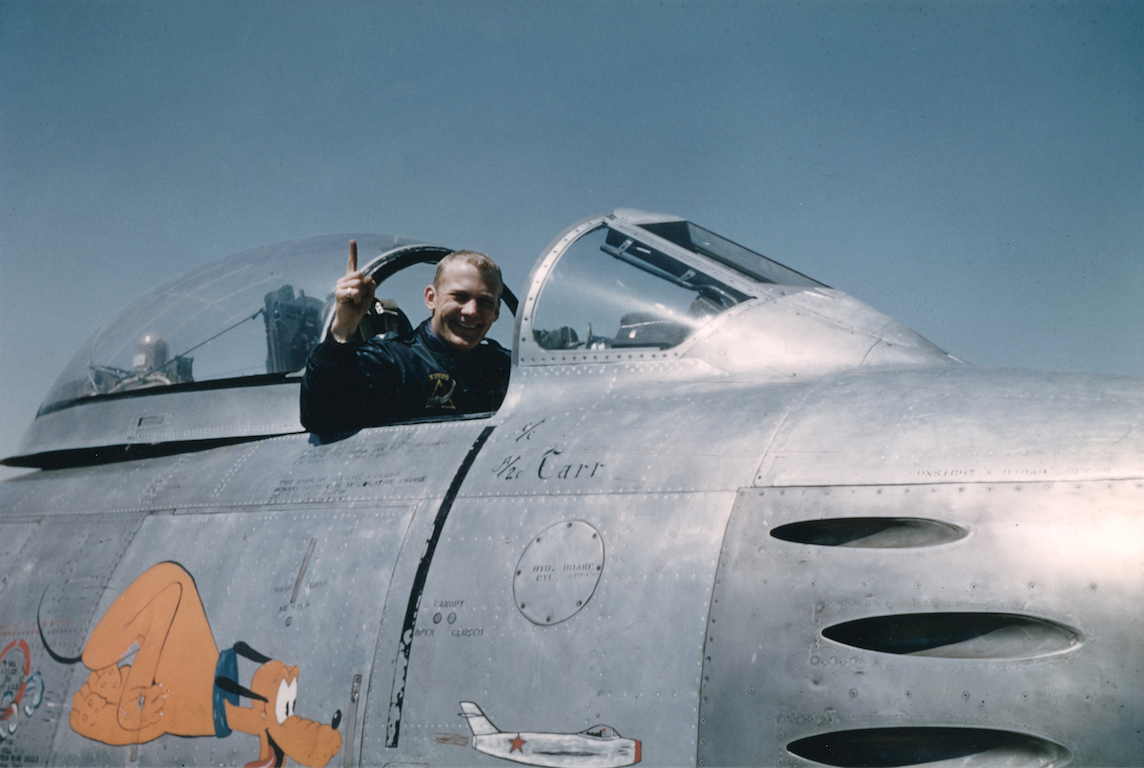 1st Lieutenant Buzz Aldrin, 51st Fighter Interceptor Squadron, in teh cocpit of a North American Aviation F-86A Sabre, after shooting down an enemy MiG 15 fighter. (U.S. Air Force via Jet Pilot Overseas)