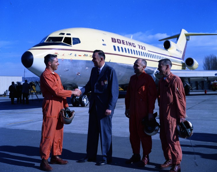 The flight crew receives congratulations following the first flight of the Boeing 727. (The Museum of Flight)