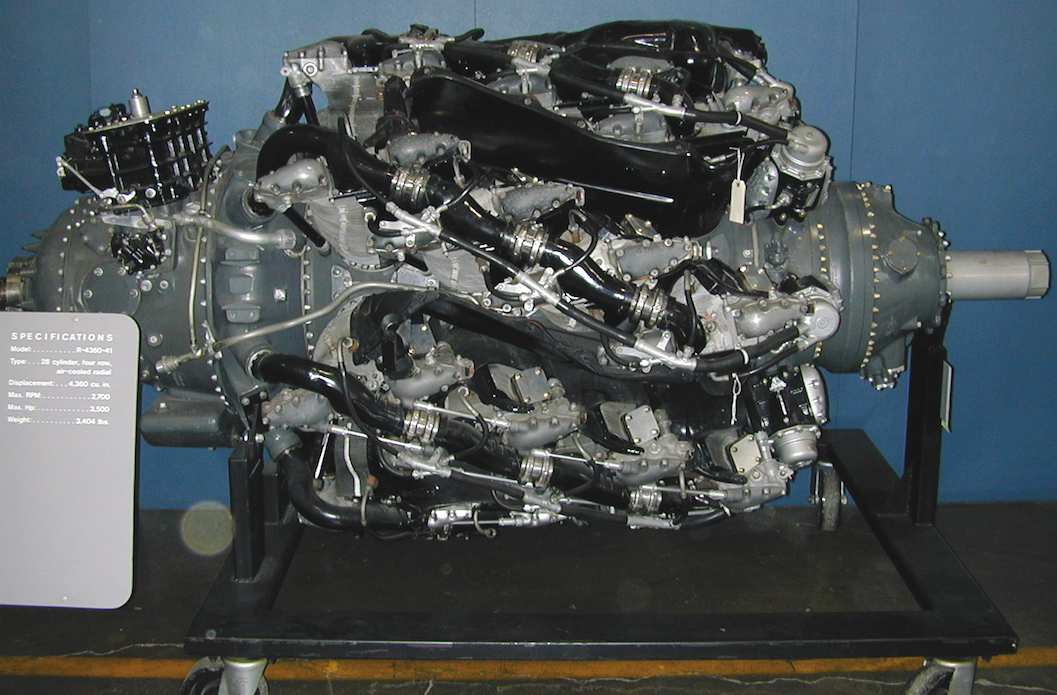 A Pratt & Whitney R-4360-41 Wasp Major aircraft engine on display at the National Museum of the United States Air Force. This engine weighs 3,404 pounds (1,544 kilograms). Wikipedia