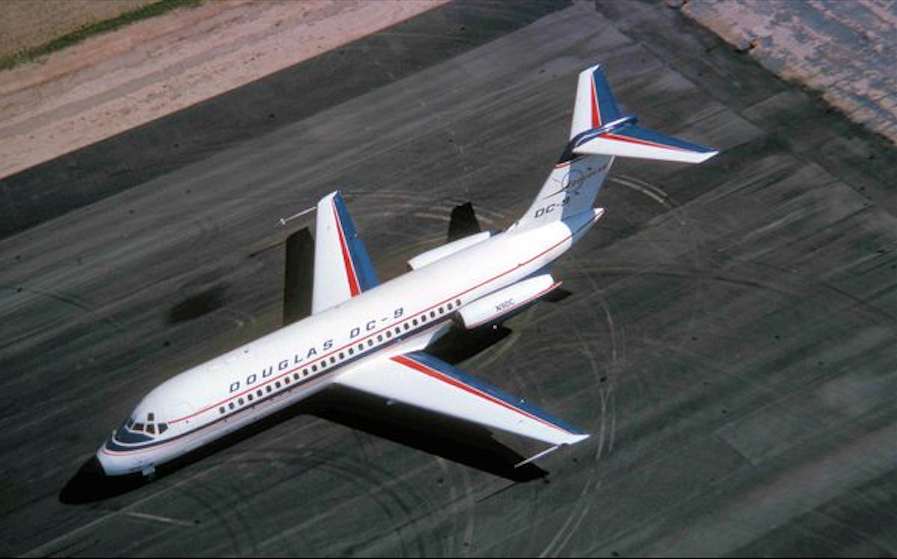 The first Douglas DC-9, N9DC, ready for takeoff at Long Beach Airport, 25 February 1965. (Douglas Aircraft Company)