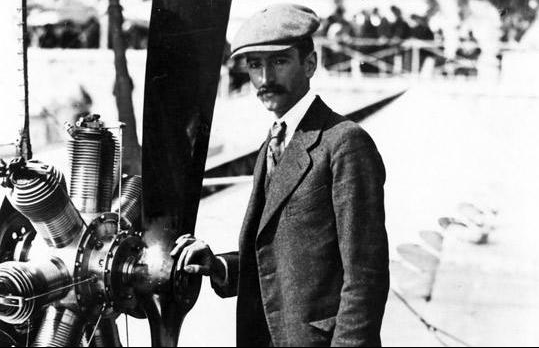 Henri Fabre standing beside the 50-horsepower Gnome engine used to power the Hydroavian. (Fabre Family/AFP via Times of Malta)