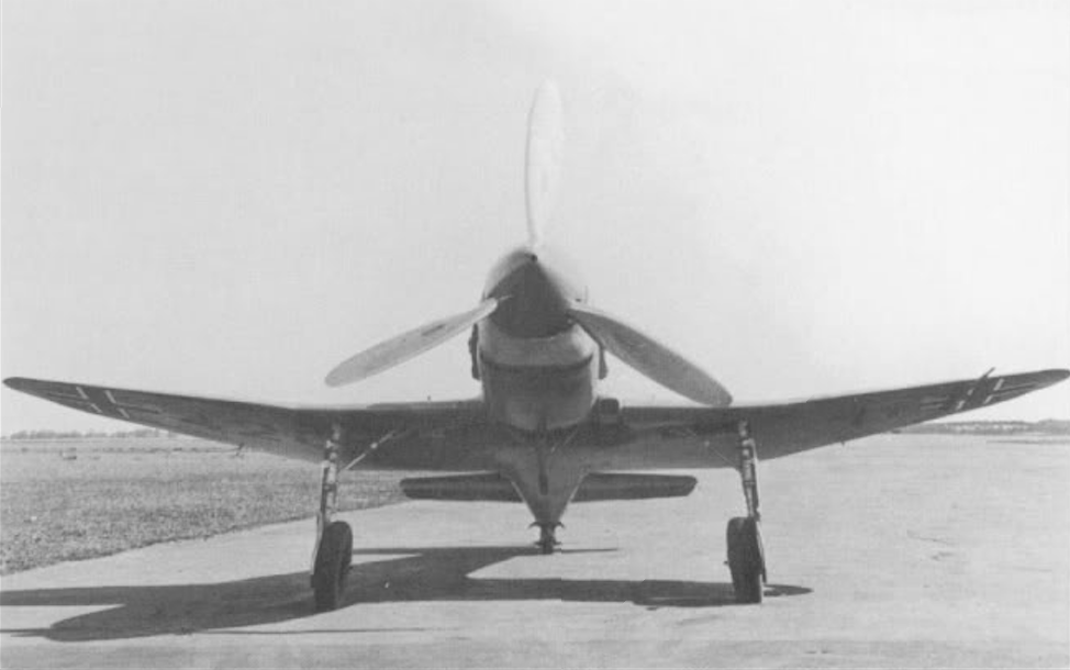 Front view of Heinkel He 100 V8. Luftwaffe crosses and the identification 42C 11 are visible on the bottom of its wings. (Heinkel-Flugzeugwerke)