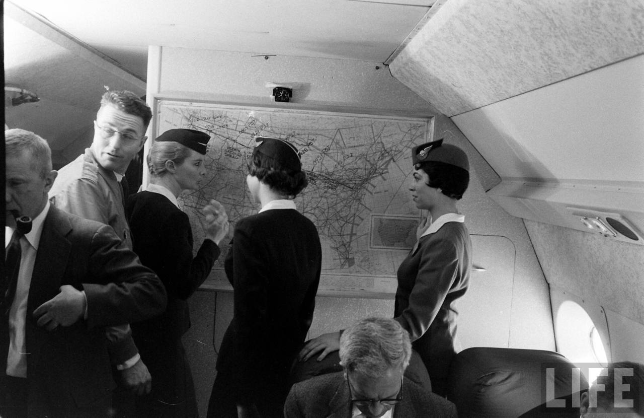 Flight attendants from Pan American World Airways, American Airlines and Trans World Airlines made up the cabin crew. (Leonard Mccombe/LIFE Magazine)