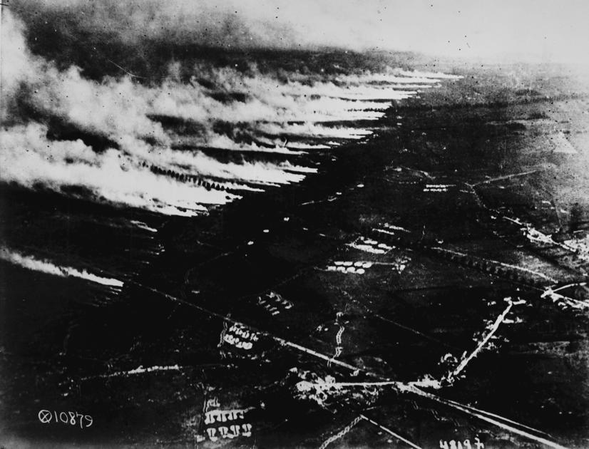 Chlorine gas dispersing downwind at the Second battle of Ypres, April 1915