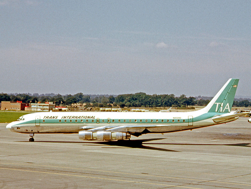Douglas DC-8-51 N8008D, owned by Trans International Airways, was photographed at London Gatwick Airport, 23 July 1966. (RuthAS)