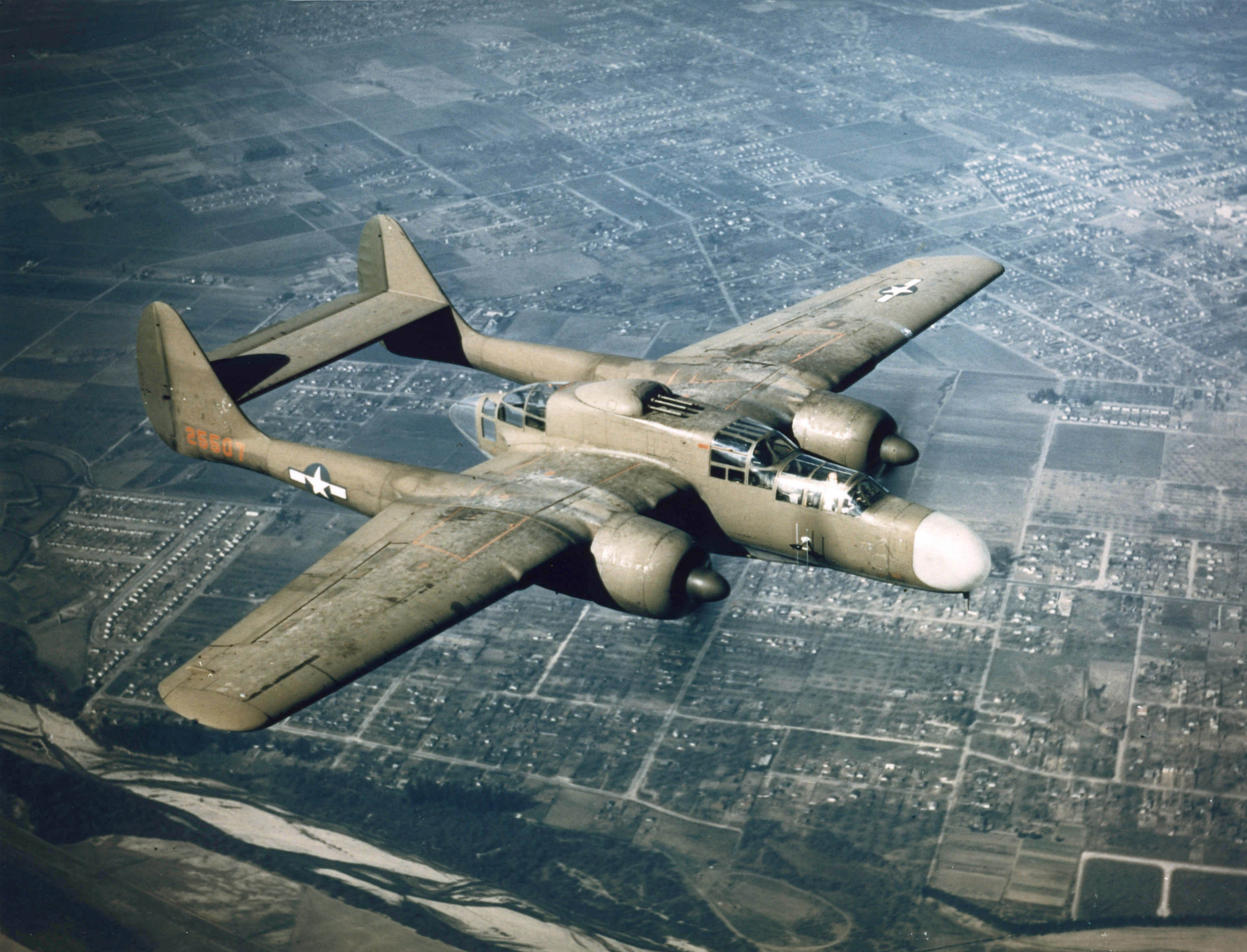 Northrop P-61A-1-NO Black Widow 42-5507 in olive green camouflage. (U.S. Air Force)