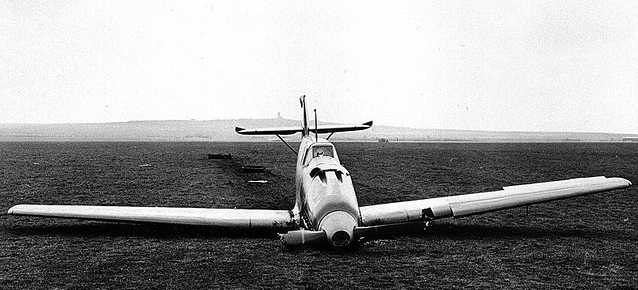 Bf 109 V1 D-IABI after the landing gear collapsed at Rechlin. (National Air and Space Museum).