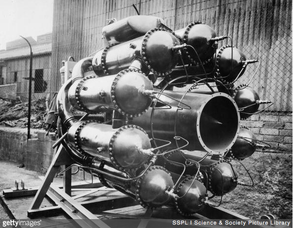 Whittle W.1 combustion chambers and exhaust as seen from the rear. The turbine section was water-cooled. (Getty Images/Science & Society Picture Library)