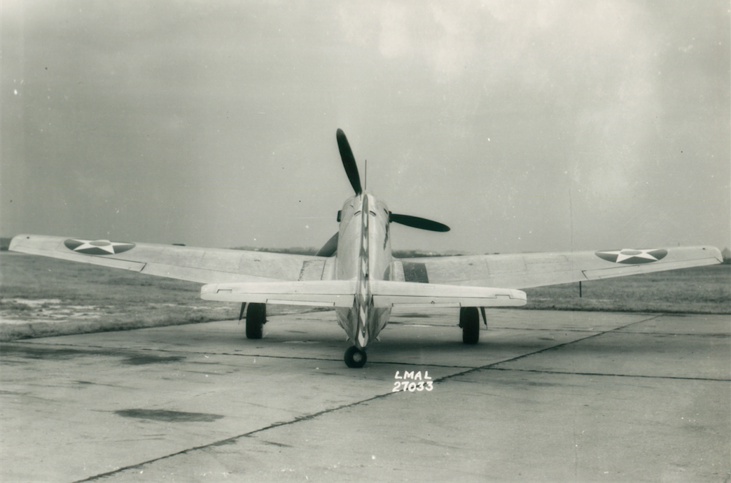 North American Aviation XP-51 41-038 at NACA Langley Memorial Aeronautical Laboratory, rear view. (NASA LMAL 27033)