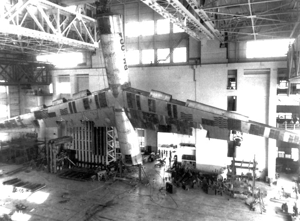 Convair YB-36 (B-36A) 004 under structural testing at Wright Field. (U.S. Air Force)