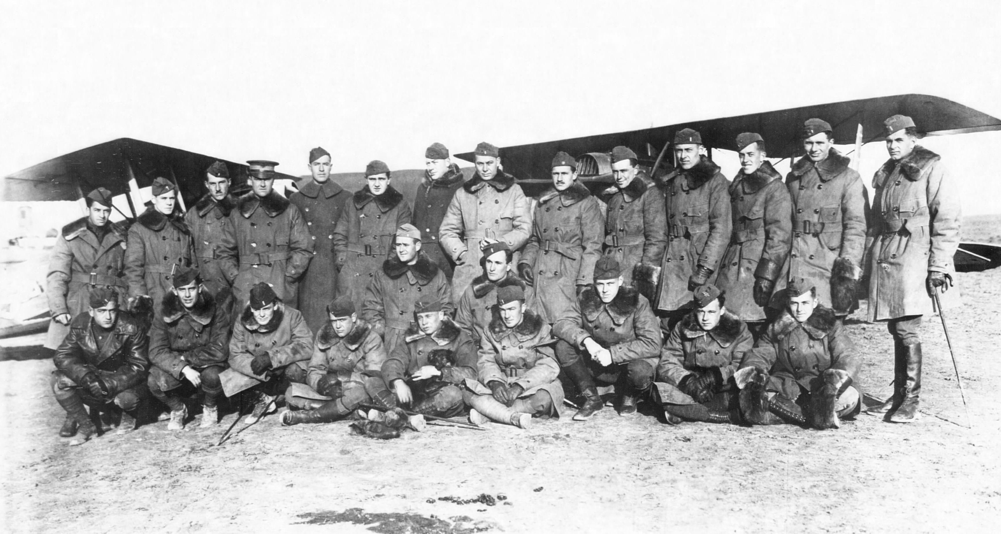 Officers of the 139th Aero Squadron, at Belrain Aerodrome, France, November 1918. 1st Lieutenant Russell L. Maughan is at the center of the photograph, kneeling, in the second row. (U.S. Air Force)