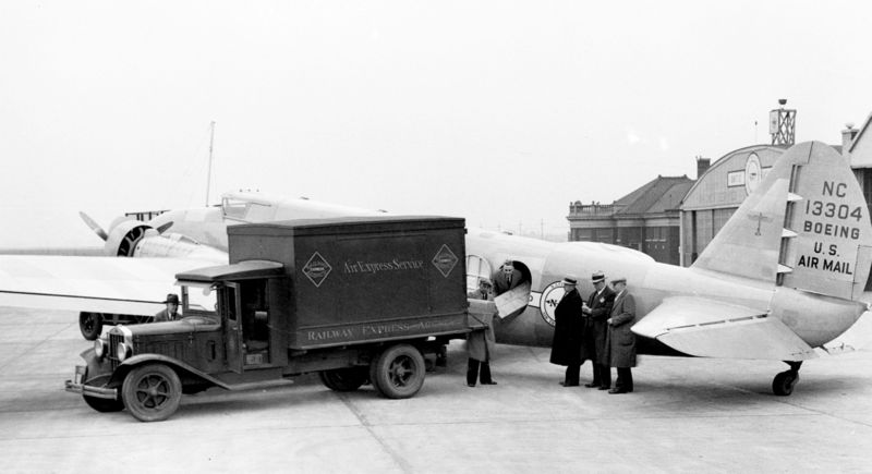 UNited Air Lines Boeing 247 NC13304 loading U.S. mail at Chicago, Illinois, 1933.