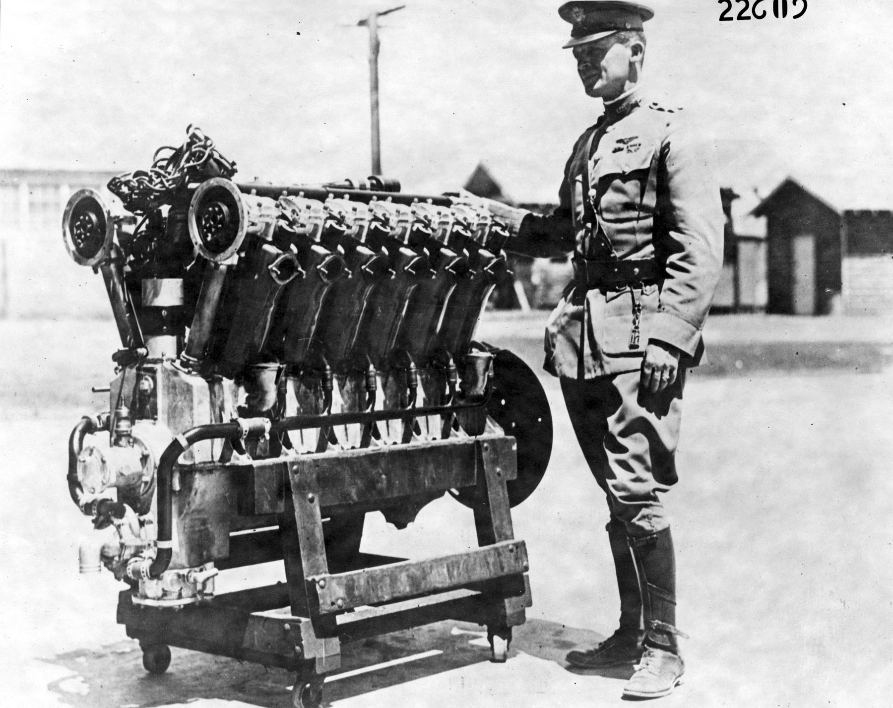 Major Henry H. Arnold standing beside the first Liberty 12 aircraft engine turned out for war use. "Hap" Arnold would later hold the 5-star rank of General of the Army and General of the Air Force. (U.S. Air Force)