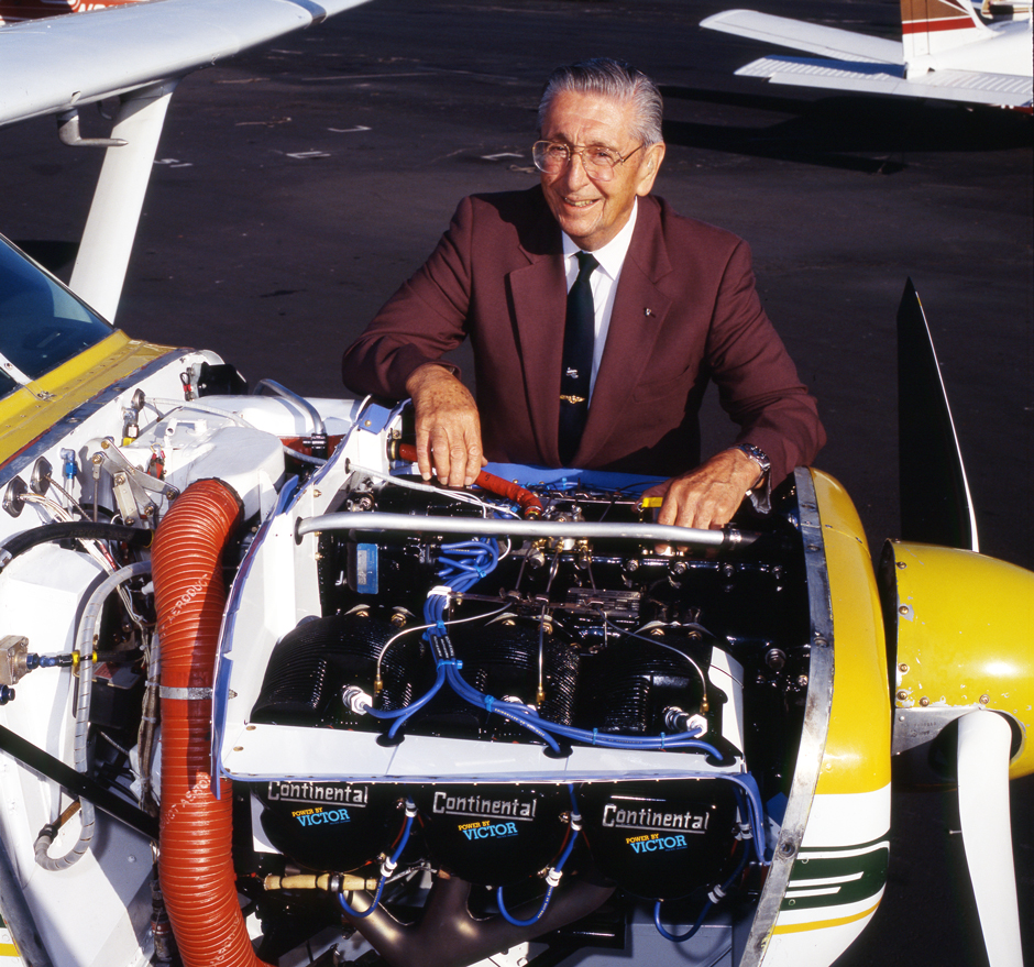 Albert Scott Crossfield, Jr., with the Victor Black Edition Continental engine overhauled by Victor Aviation of Palo Alto, California.
