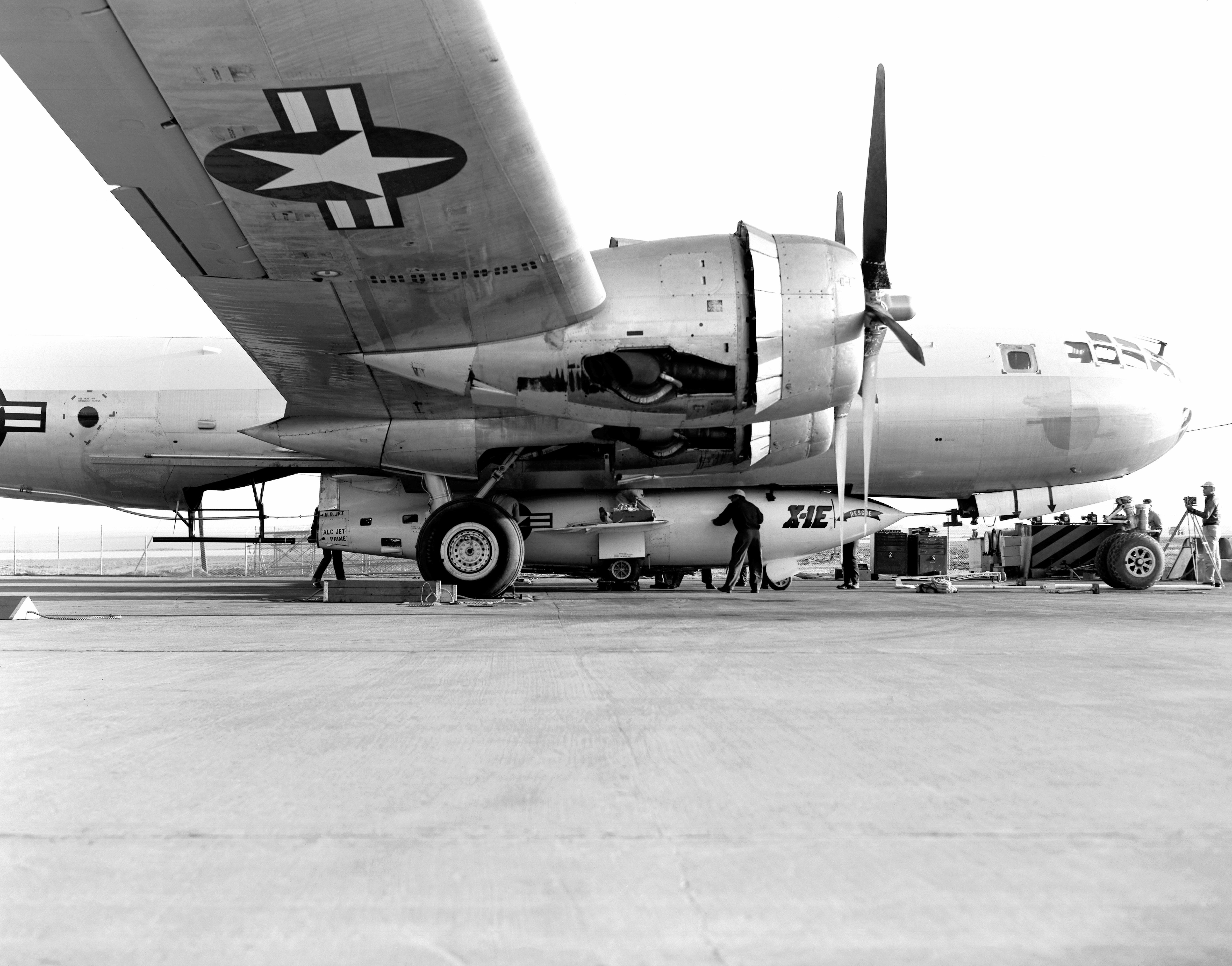 Bell X-1E loaded aboard Boeing B-29 Superfortress, circa 1955. (NASA)