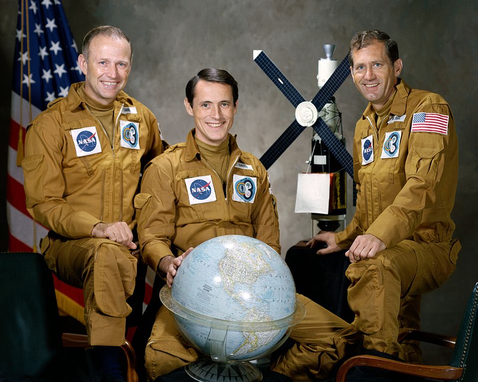 Skylab 4 crew, left to right, Carr, Gibson and Pogue. (NASA)