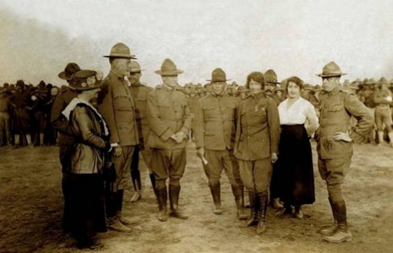 Ruth Bancroft Law at Camp Shelby, Missippi, 1917. At the far right is Major General William H. Sage, with Mrs. Sage. Rutkh Law is fourth from right without a hat. (SunHerald)