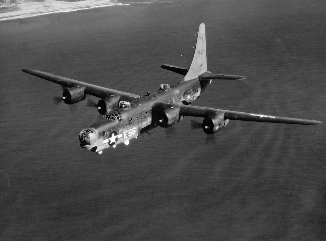 A Consolidated Vultee PB4Y-2 Privateer in flight. The aft dorsal turret is aiming directly at the camera. (United States Navy)