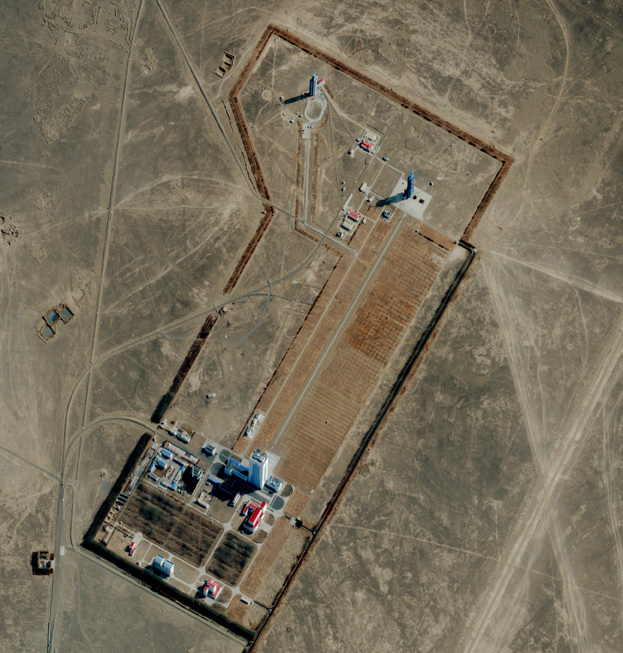 JIUQUAN SLC, INNER MONGOLIA, CHINA-DECEMBER 18, 2012: This December 18, 2012, image provides an overview of JSLC’s South Launch Complex just 11 hours prior to the launch of the G?kt?rk 2, a remote sensing satellite for the Turkish government. In addition to the vertical assembly building, the SLS-1 (921) launch pad and the SLS-2 (603) launch pad, various other support buildings are visible. (Photo DigitalGlobe via Getty Images)