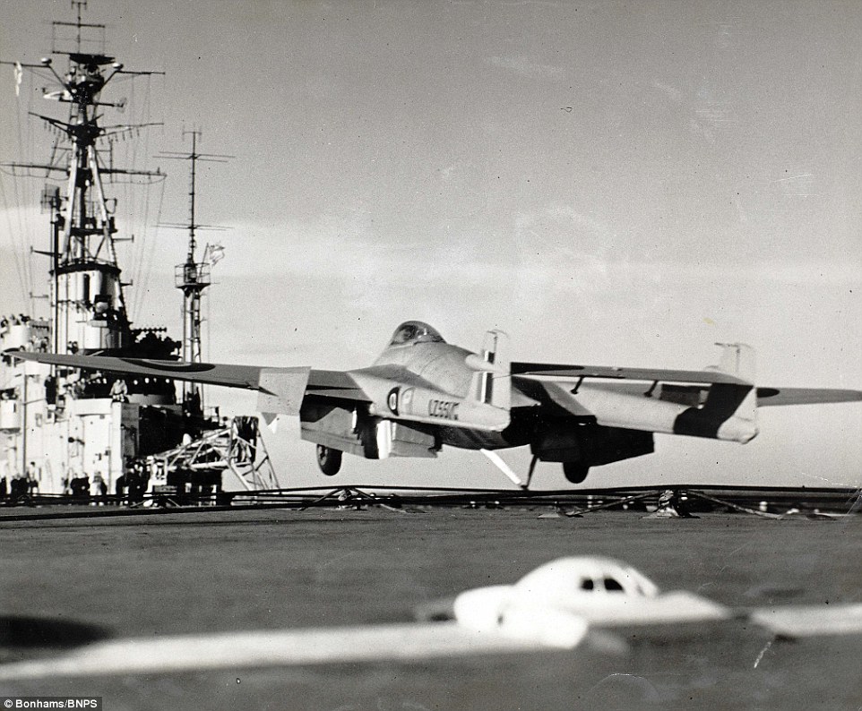 De Havilland Sea Vampire Mk.10 catches the arresting wire aboard HMS Ocean, 3 December 1945.