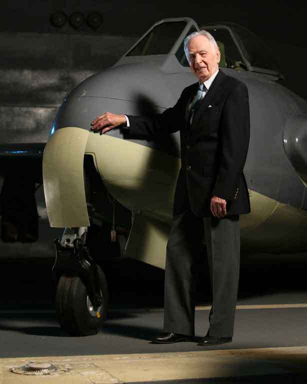 Captain Brown with the De Havilland DH.100 Sea Vampire Mk.10, LZ551, at the Fleet Air Arm Museum, Yeovilton. (Nigel Cheffers-Heard, Fleet Air Arm Museum)