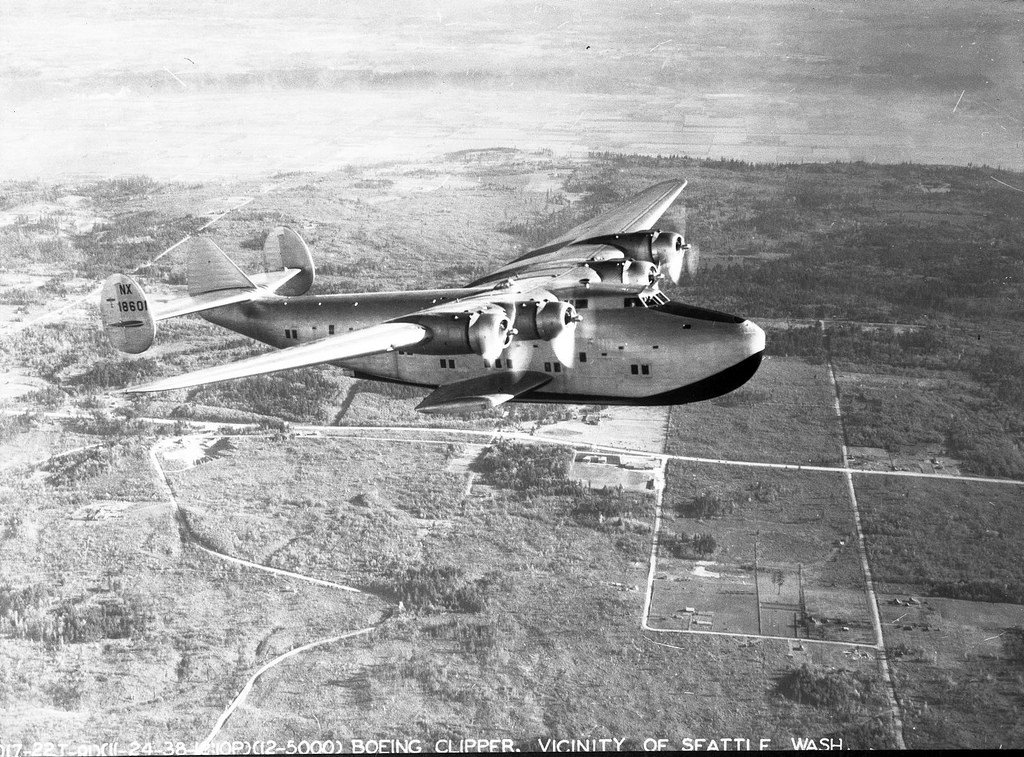 Image of Boeing 314 Clipper Yankee Clipper taking off, 1939 (b/w photo)